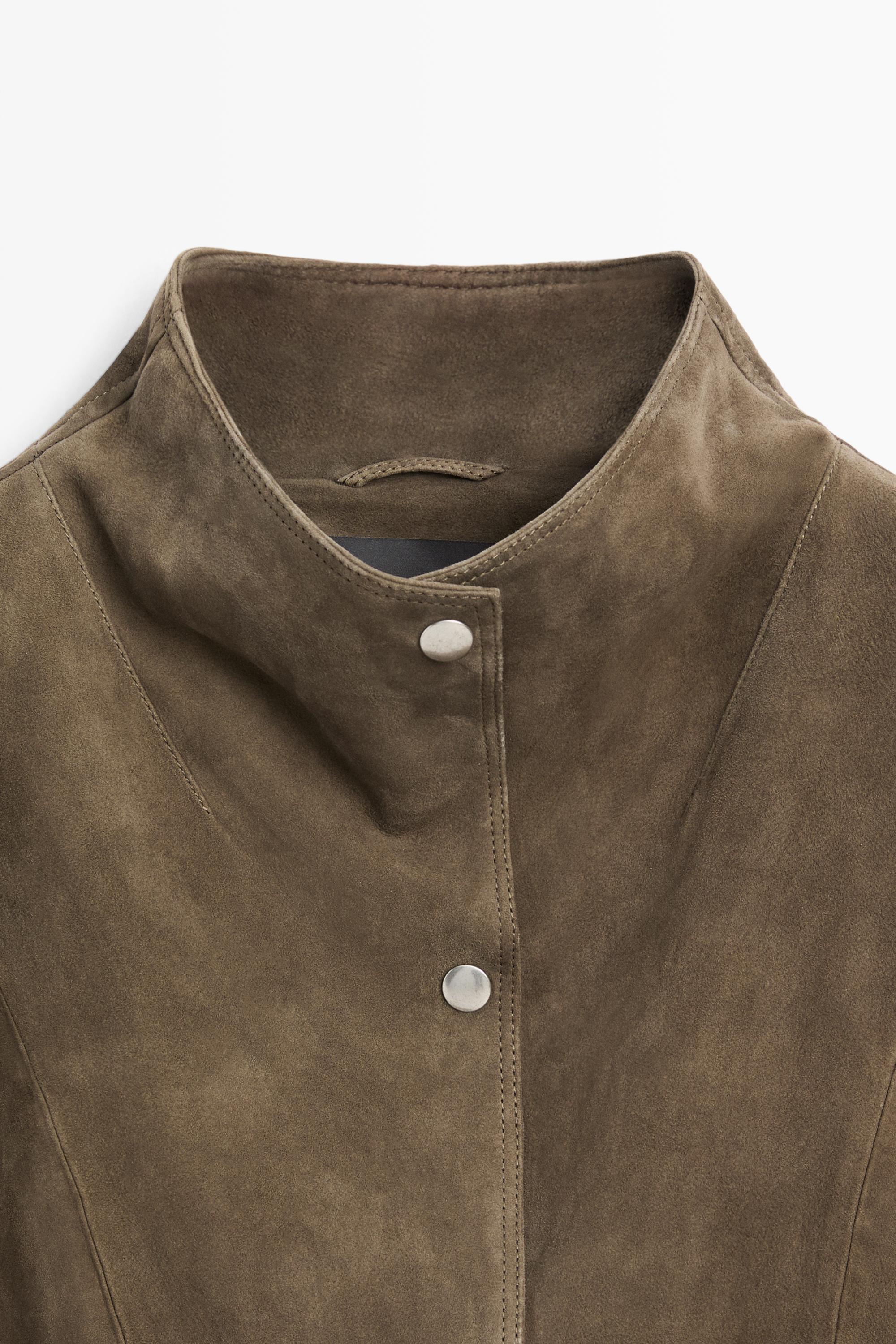 Cropped suede leather jacket with button detail